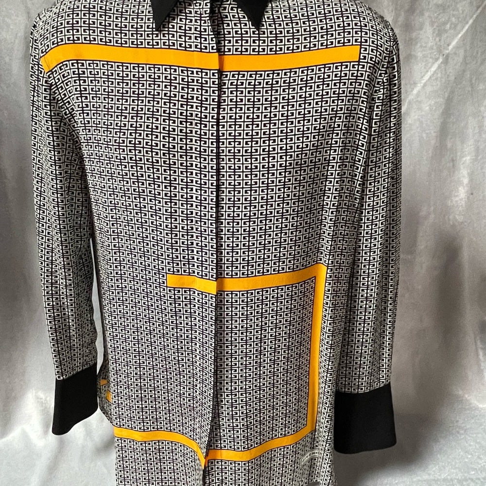 Givenchy Black and White Geometric Patterned silk dress shirt